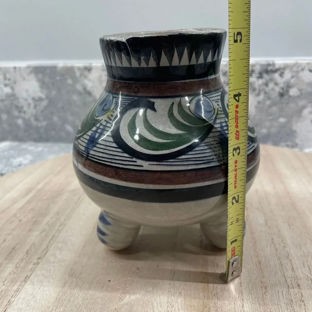 Signed Authentic Tonala Mexican Round Footed Bowl Pot Vase Hand Painted Pottery